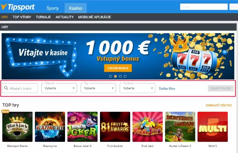Tipsport online casino - filtre a obľúbené automaty