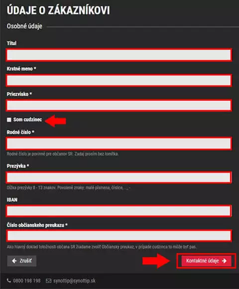 Údaje o zákazníkovi pri registrácii do Synotu