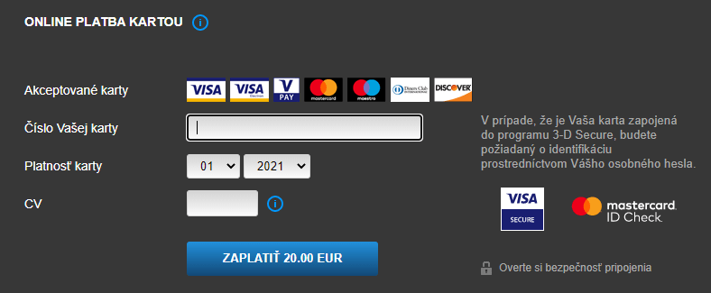 Vklad platobnou kartou do Doxxbet účtu