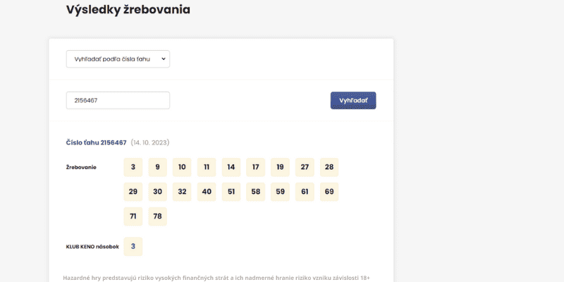 Klub Keno výsledky