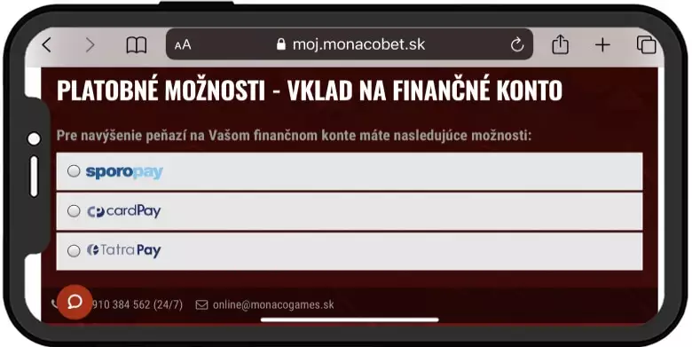 Vklad mobilom na účet Monacobet online casino