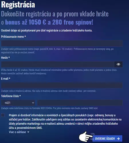 eTipos online registrácia vyplnenie registračného formulára