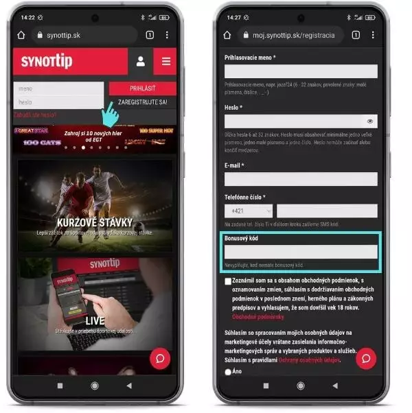 Kode bonus sinottip - tempat memasukkannya di ponsel 