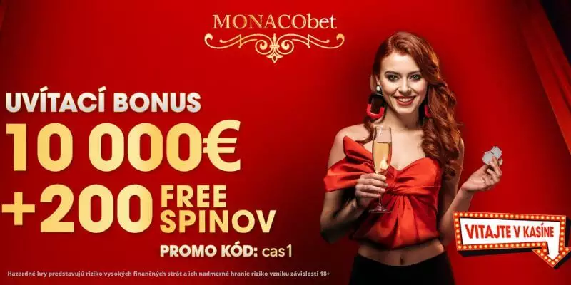 Monacobet casino uvítací bonus 10000€ a 200 free spinov