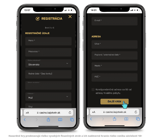 Kajotwin registrácia osobné a kontaktné údaje