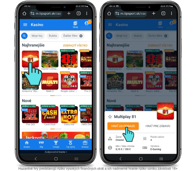 Hracie automaty za peniaze v Tipsport casino.