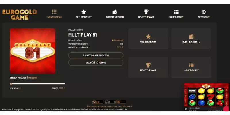 Eurogold casino in game menu