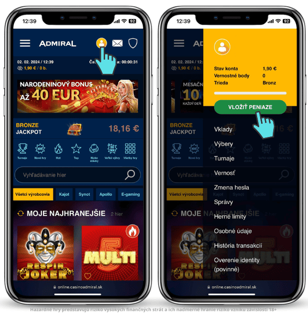 Obrázkový návod, ako na vklad mobilom na vaše herné konto v online casine Admiral.