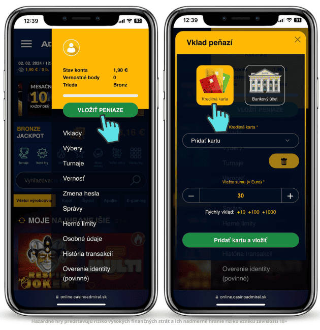 Vizuálny návod na Admiral casino vklady a výbery. Takto jednoducho vložíte peniaze na váš hráčsky účet pomocou platobnej karty.