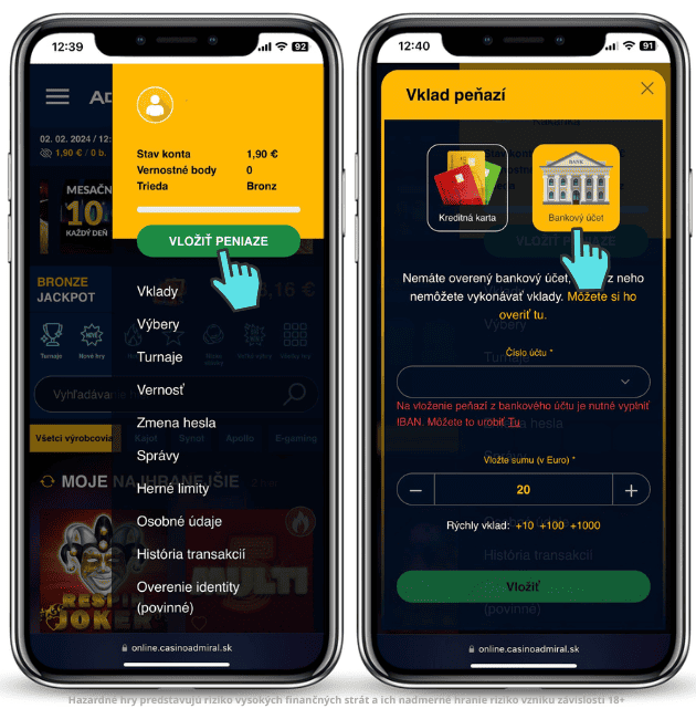 Medzi dostupné Admiral casino vklady a výbery patrí aj vklad bankovým prevodom. Pozrite jednoduchý obrázkový návod, ako si vložíte peniaze na váš hráčsky účet.