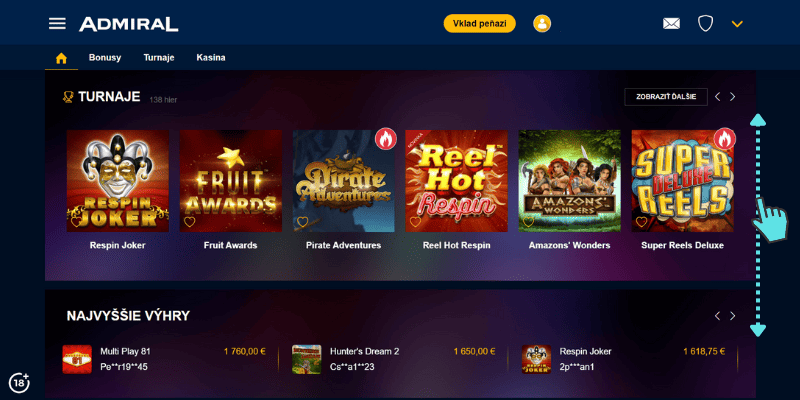 Ukážka, aké benefity ponúka online kasíno Admiral na svojej webstránke.