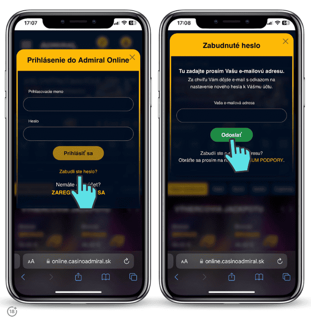 Obrázkový návod, ako postupovať pri zabudnutom hesle do Admiral online kasína.