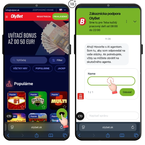 S Olybet casino môžete nadviazať kontakt aj cez live chat