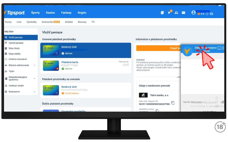 Kontaktujte zákaznícku podporu online kasína Tipsport cez chat.