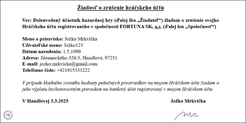 Fortuna žiadosť o zrušenie hráčskeho účtu