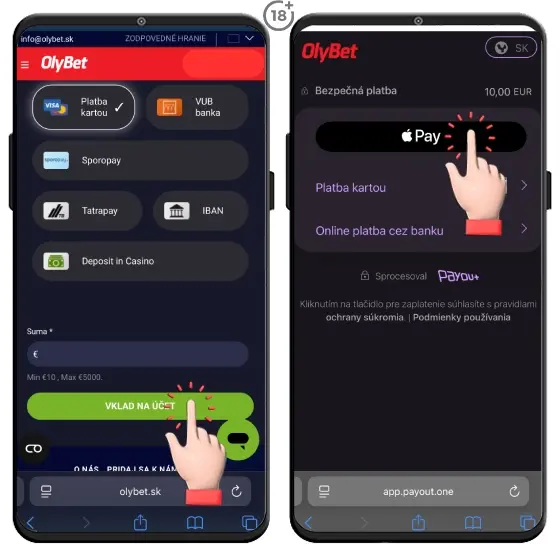 Návod, ako vložiť peniaze do Olybet casino cez Apple pay 