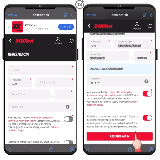 Vyplnenie registračného formulára v DOXXbet casino