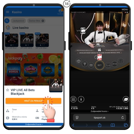Hranie blackjacku v live casino Tipsportu