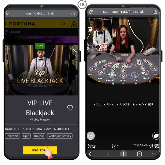 Vo Fortuna live casine si môžete spustiť stolovú hru blackjack a hrať ju naživo za prítomnosti krupiéra.