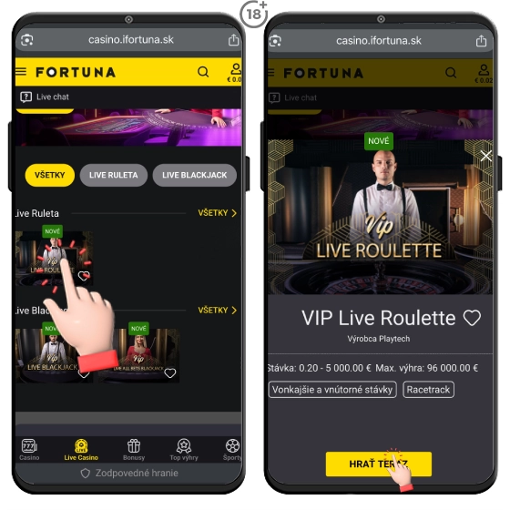 Fortuna live casino prináša možnosť zahrať si stolové hry ako ruleta a blackjack naživo.