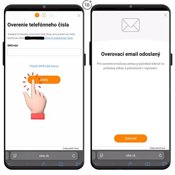 Overenie telefónneho čísla a e-mailu pri Niké registrácii.
