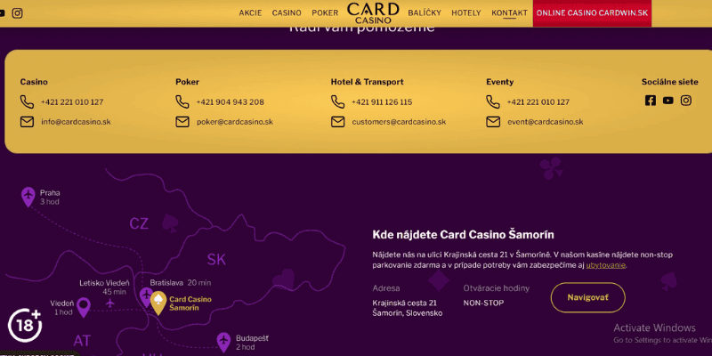 Cardwin pobočky a otváracie hodiny Card Casino Šamorín.