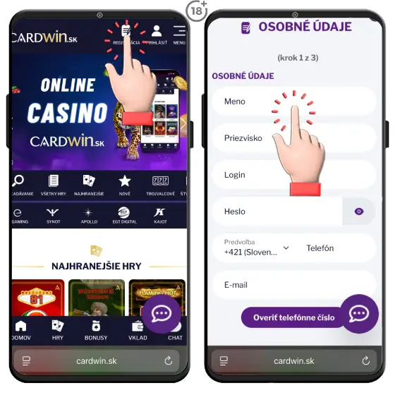 Obrázkový návod, ako vyplniť formulár v rámci Cardwin registrácie na stránke casina.