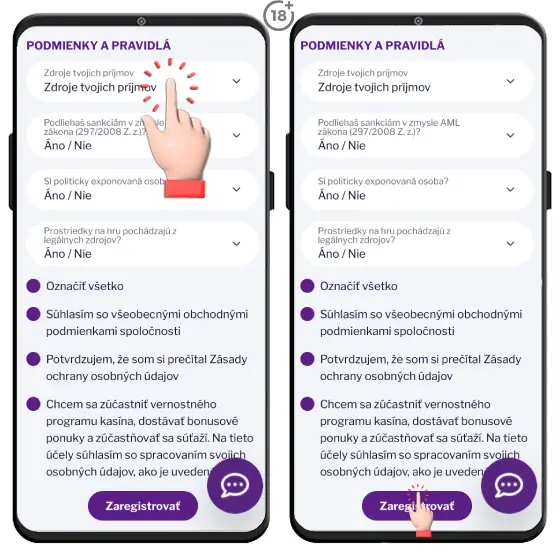 Ukážka, ako splniť informačnú povinnosť hráča v rámci registrácie do Cardwin online kasína.