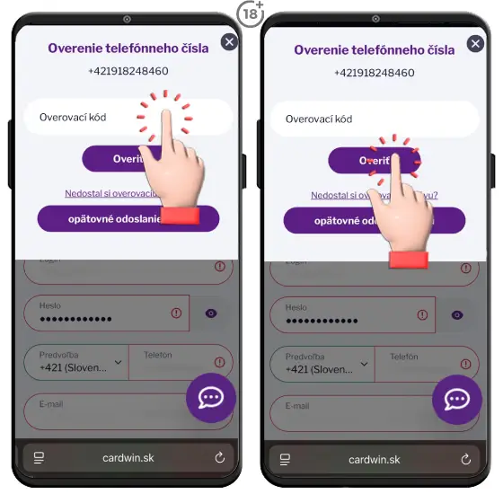 Návod, ako na overenie telefónneho čísla počas Cardwin registrácie na webstránke kasína.