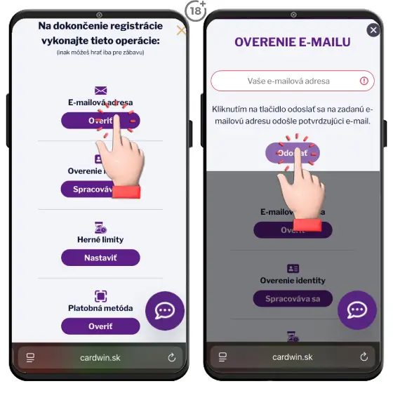 Vizuálny návod, ako na overenie e-mailu a dokončenie registrácie do Cardwin online kasína.