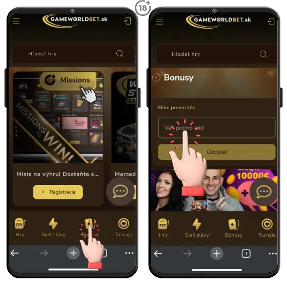 Gameworldbet casino umožňuje zadať bonusový promo kód na svojom webe v sekcii Bonusy po prihlásení do hráčskeho účtu.
