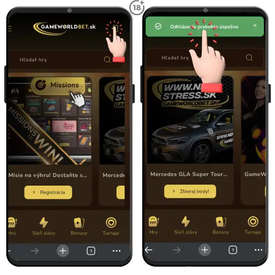 Jednoduchý obrázkový návod, ako na odhlásenie z hráčskeho účtu v Gameworldbet online casine.