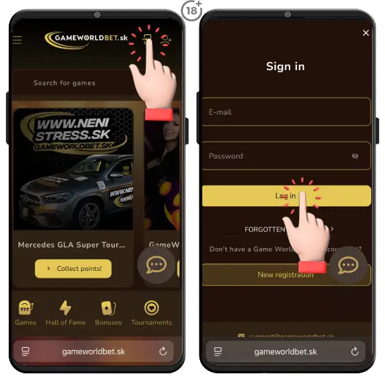 Vizuálny návod, ako na prihlásenie do Gameworldbet online casina cez mobil
