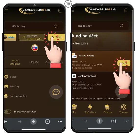 Jednoduchý obrázkový návod, ako na vklad platobnou kartou na hráčsky účet Gameworldbet online casina.