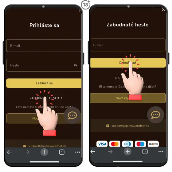 Vizuálny návod, ako riešiť zabudnuté heslo v rámci problémov s prihlásením do Gameworldbet online casina.