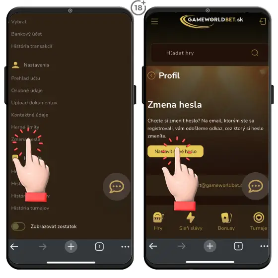 Jednoduchá vizuálna ukážka, ako riešiť zmenu hesla v Gameworldbet online casine.