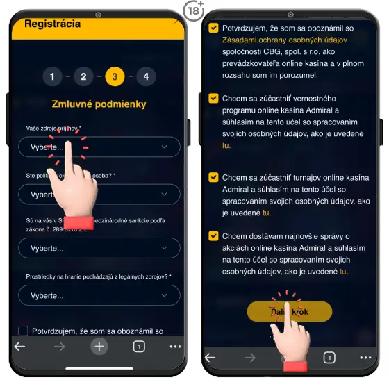Obrázkový návod, ako vyplniť ďalšie údaje a zmluvné podmienky, čo je ďalší dôležitý krok registrácie do Admiral online kasína.