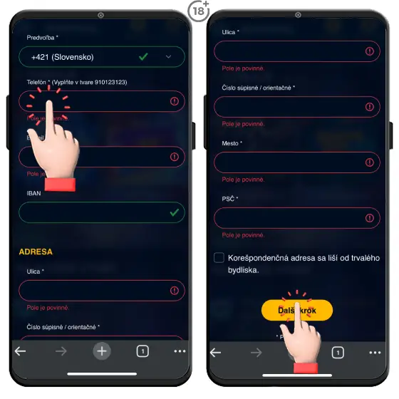 Vizuálny návod, ako vyplniť kontaktné údaje a adresu v rámci ďalšieho kroku registrácie do Admiral online casina.