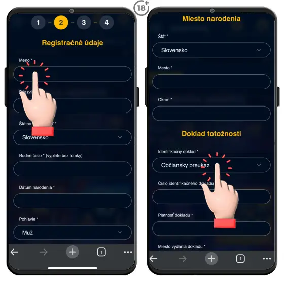 Registrácia do online kasína Admiral pokračuje v ďalšom kroku vyplnením osobných údajov.