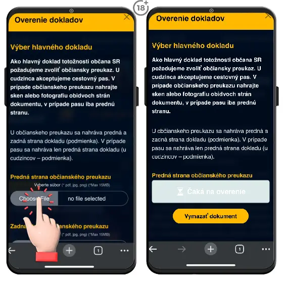 Obrázkový návod, ako na overenie dokladov počas registrácie do Admiral online casina.