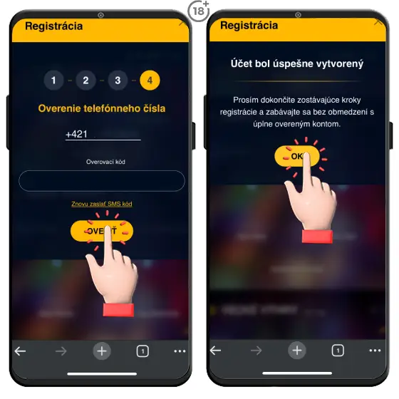 Fotonávod, ako na overenie telefónneho čísla prostredníctvom špeciálneho SMS kódu v rámci posledného kroku registrácie do Admiral online casina.
