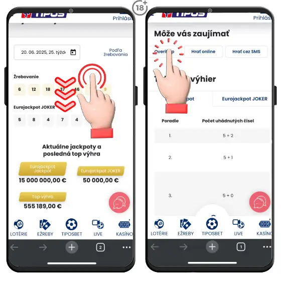 Jednoduchý vizuálny postup, ako na overenie tipu nadnárodnej lotérie Eurojackpot online na webovej stránke spoločnosti Tipos.