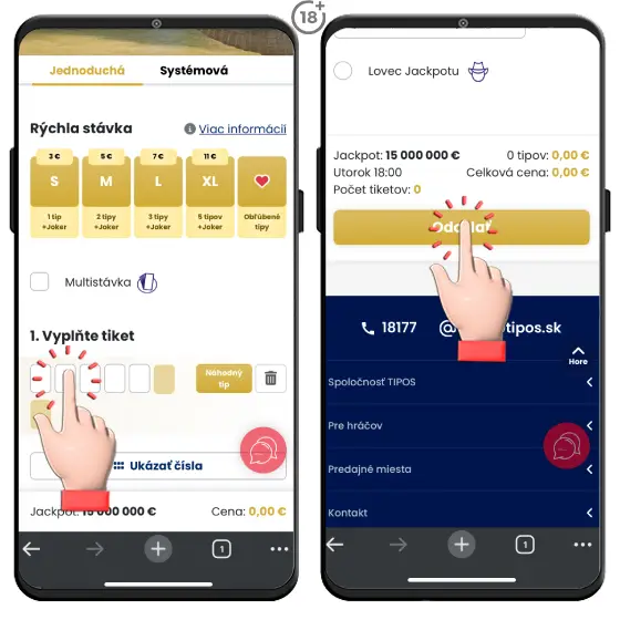 Obrázkový návod, ako na jednoduché a pohodlné podanie populárnej nadnárodnej lotérie Eurojackpot online prostredníctvom mobilu na webstránke spoločnosti Tipos.