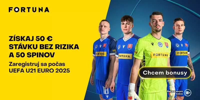 Zoberte Fortuna vstupný bonus 50 € vo forme stávky bez rizika a 50 free spinov k tomu počas UEFA U21 EURO 2025.