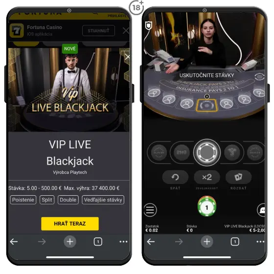 Vo Fortuna live casine si môžete zahrať stolovú hru VIP blackjack a užiť si ju naživo za prítomnosti krupiéra.