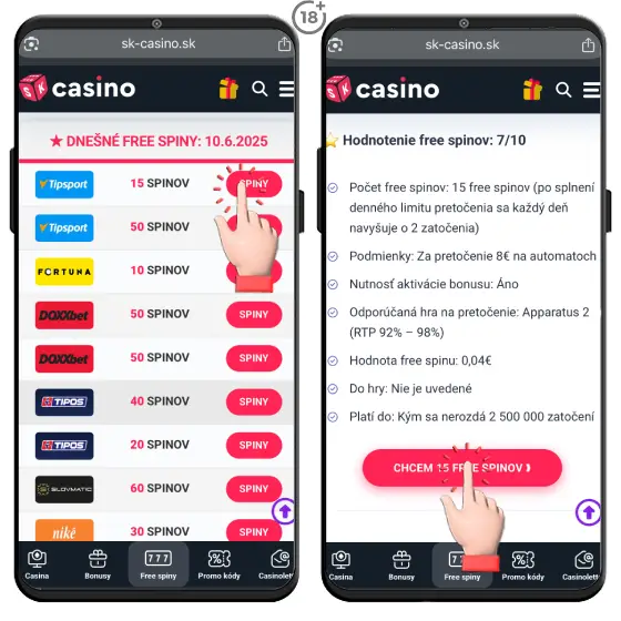 Pozrite si denne aktualizovaný prehľad free spinov najlepších slovenských online kasín na webe sk-casino.sk.