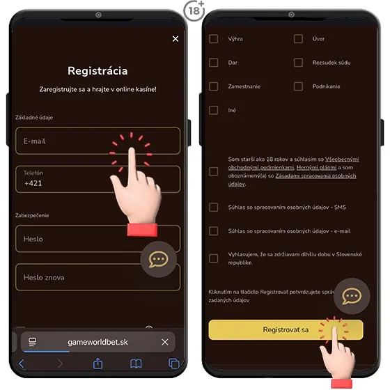 Jednoduchý obrázkový návod, ako vyplniť kontaktné údaje v rámci registrácie do Gameworldbet online casina.