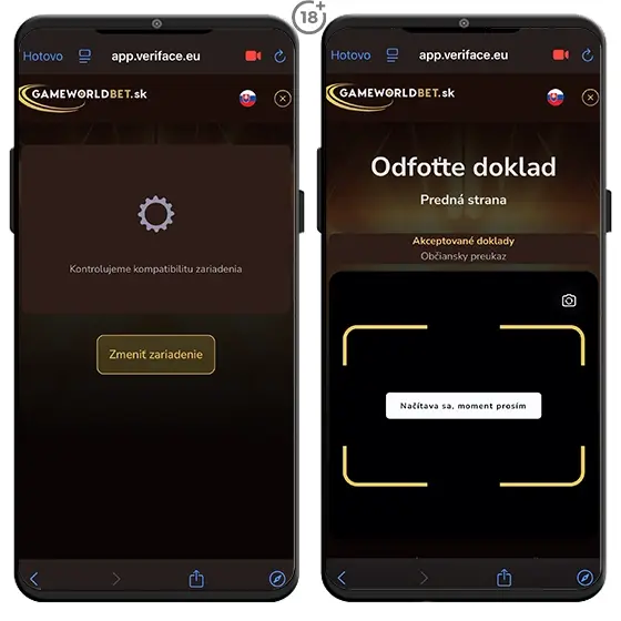 Jednoduchý obrázkový návod, ako overiť doklady v rámci registrácie do Gameworldbet online kasína využitím rýchlej a bezpečnej metódy Veriface.