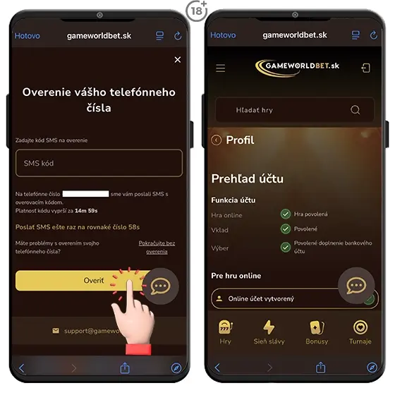 Obrázkový návod, ako na overenie telefónneho čísla v online casine Game World v rámci registrácie.