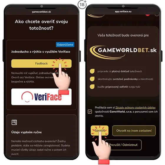 Jednoduchý vizuálny návod, ako na rýchle a bezpečné overenie totožnosti v Game World Bet online casine prostredníctvom riešenia Fast Track - Veri Face.